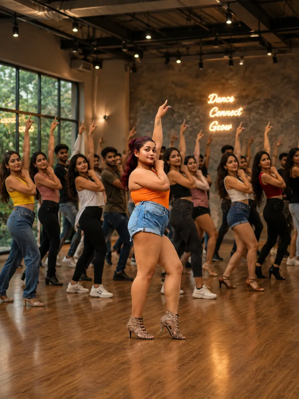 Bristi Mazumdar mid-turn at the front of a full studio, one arm raised, with rows of students mirroring the movement behind her.