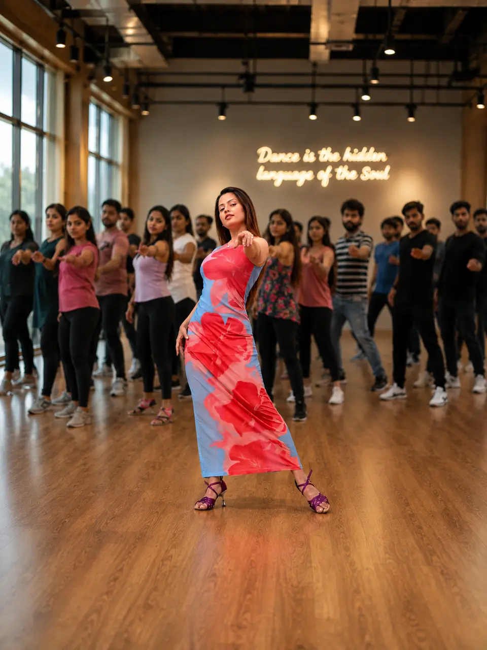 Sarishtha Majumdar dancing at the front of a full studio, arm extended, with rows of students following the same movement behind her.